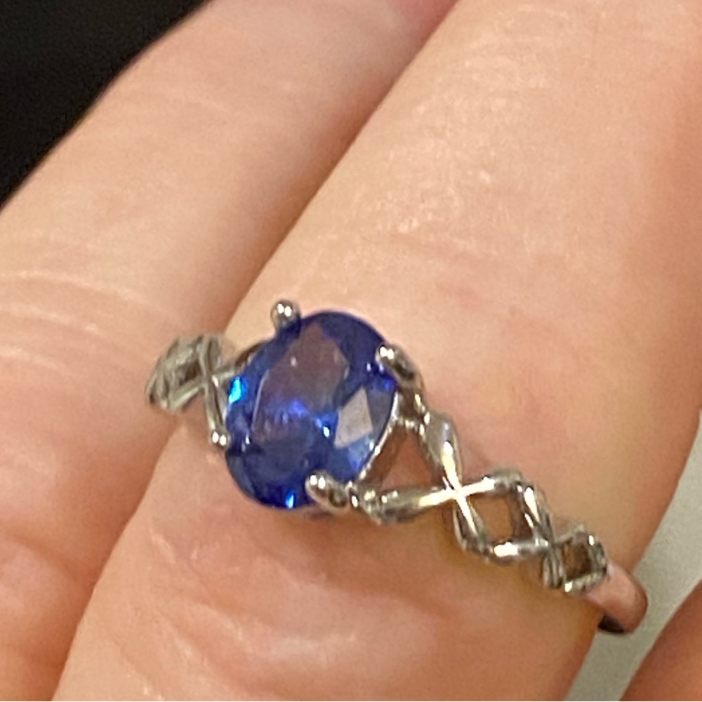 Blue Lab Created Spinel, Rhodium over .925 Sterling Silver ring. Size 7.0